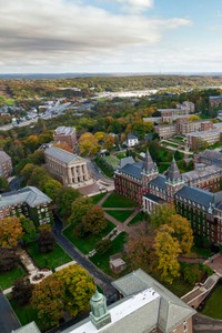 A colorful aerial view of the Holy Cross campus during the autumn.