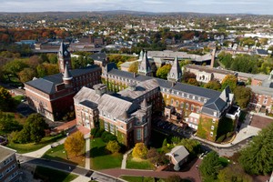 A colorful  aerial view of the Holy Cross campus during the autumn.