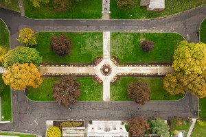A birds eye view of a pathway on the campus of Holy Cross.