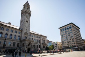 A wide angle view of city hall in downtown Worcester, MA.